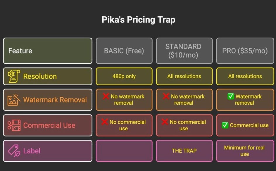 Pika pricing trap diagram showing Standard plan lacks watermark removal and commercial use rights
