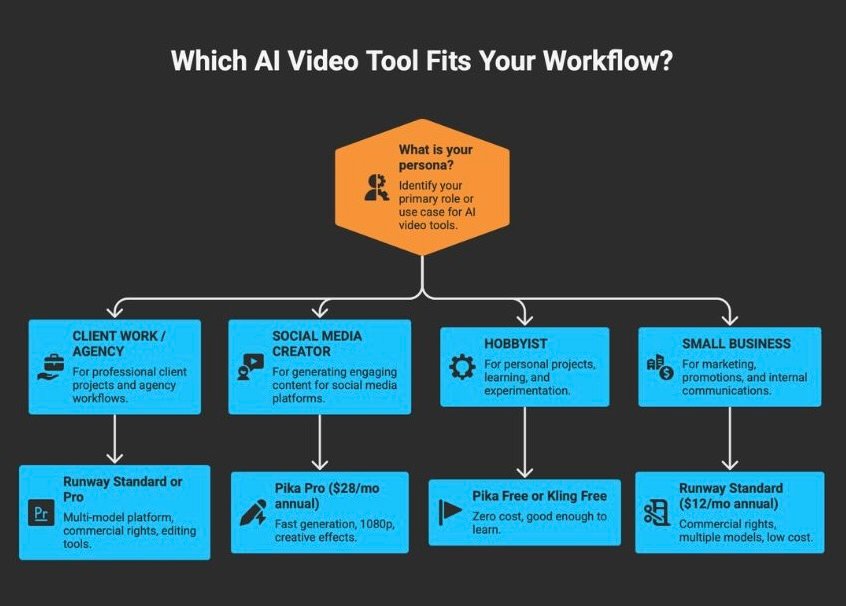 AI video tool decision flowchart showing recommended tools for agencies, social creators, hobbyists, and small businesses