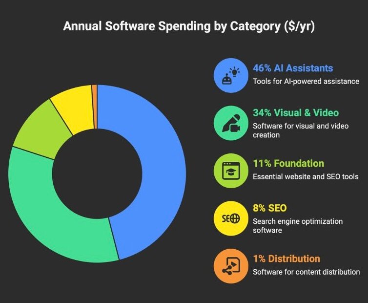 20260411-3 - Annual software spending breakdown by category - AI Assistants 46%, Visual & Video 34%, Foundation 11%, SEO 8%, Distribution 1%