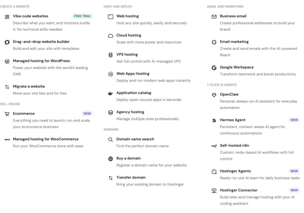 Hostinger's product navigation menu across six categories. The migrate a website
entry reads: move your site fast and for free.