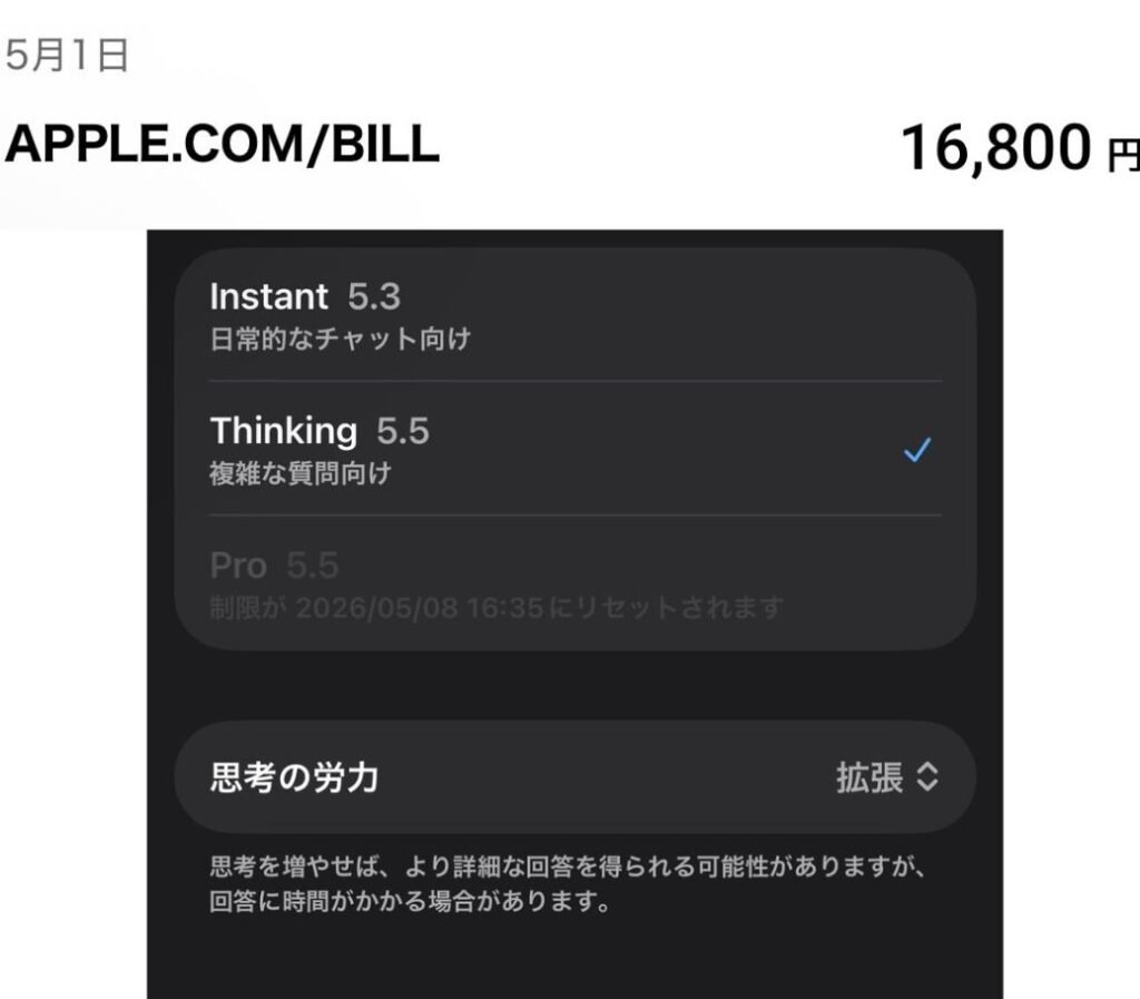 Apple.com slash Bill receipt for ChatGPT Pro 0 upgrade dated May 1, 2026 showing a 16,800 yen charge, paired with the ChatGPT Pro 5.5 mode interface displaying the message "limit resets May 8, 2026 at 16:35" which indicates the Pro mode cap was exhausted within 24 hours of subscription activation, before May 6 Anthropic rate limit increase.