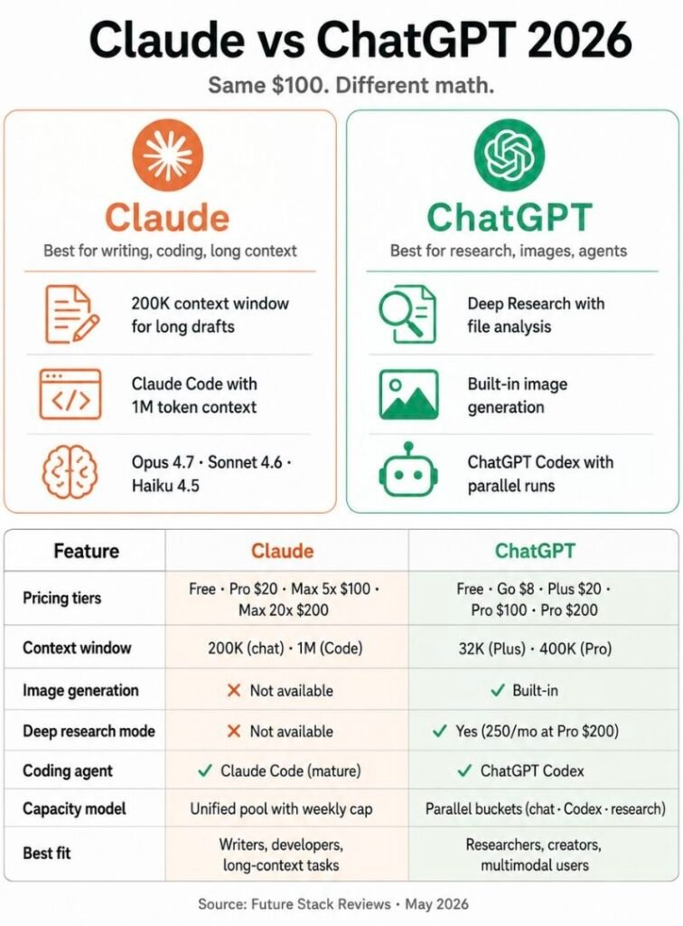 Claude vs ChatGPT 2026 comparison infographic. Claude is best for writing, coding, and long context with 200K context window, Claude Code with 1M token context, and Opus 4.7, Sonnet 4.6, and Haiku 4.5 models. ChatGPT is best for research, images, and agents with Deep Research file analysis, built-in image generation, and ChatGPT Codex parallel runs. Comparison table covers pricing tiers from Free to 0, context window, image generation, deep research mode, coding agent, capacity model, and best fit by user type. Source: Future Stack Reviews, May 2026.