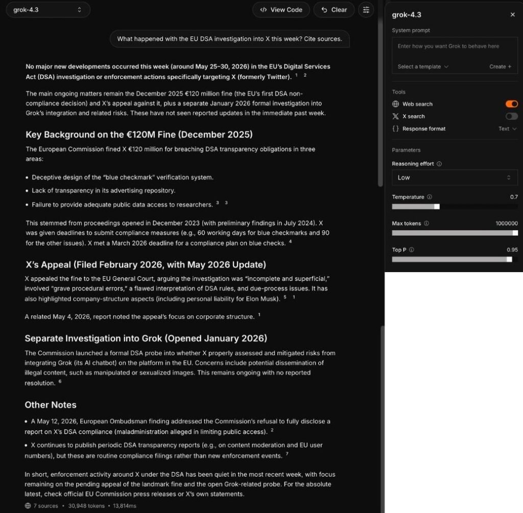 xAI API playground running grok-4.3 with web search turned on, returning a sourced, accurate answer about the EU DSA case at 30,948 tokens and seven sources.