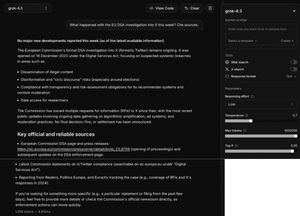 xAI API playground running grok-4.3 with web search turned off, returning a vaguer answer about the EU DSA case at 1,056 tokens and no sources, missing the December 2025 fine.