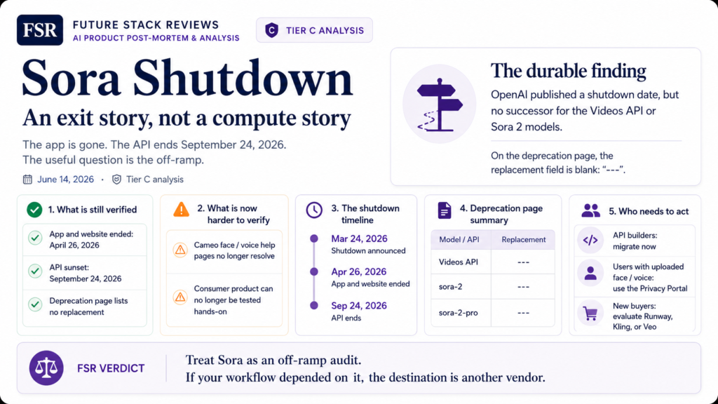 Future Stack Reviews Sora shutdown infographic: the app ended April 26, 2026 and the Sora API ends September 24, 2026 with no listed successor, framed as an off-ramp story rather than a compute story.