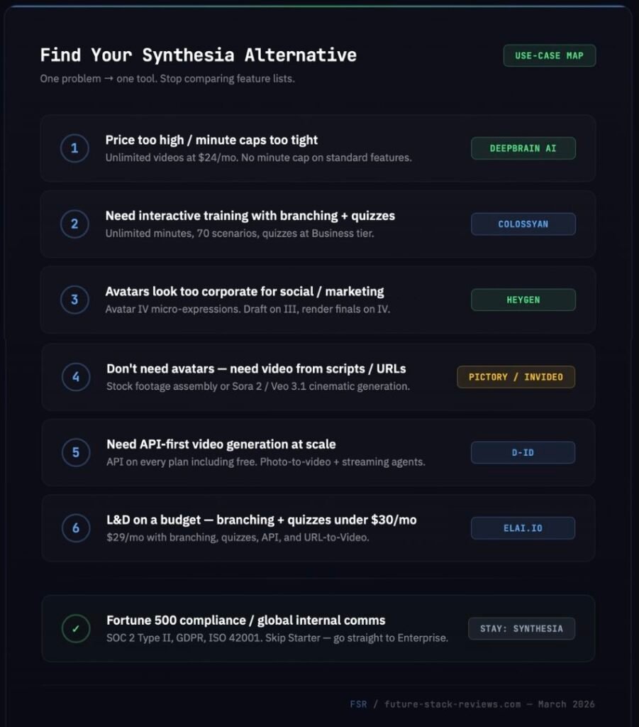 Synthesia alternatives use-case map — one recommended tool per problem, from pricing to training to API