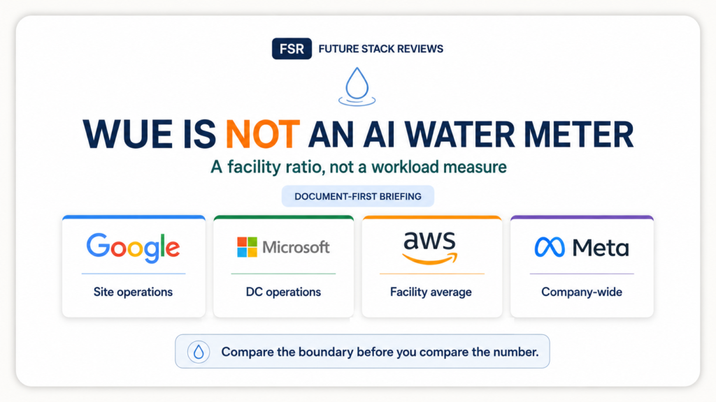 WUE is not an AI water meter: Google, Microsoft, AWS, and Meta cards show different data-center reporting boundaries.
