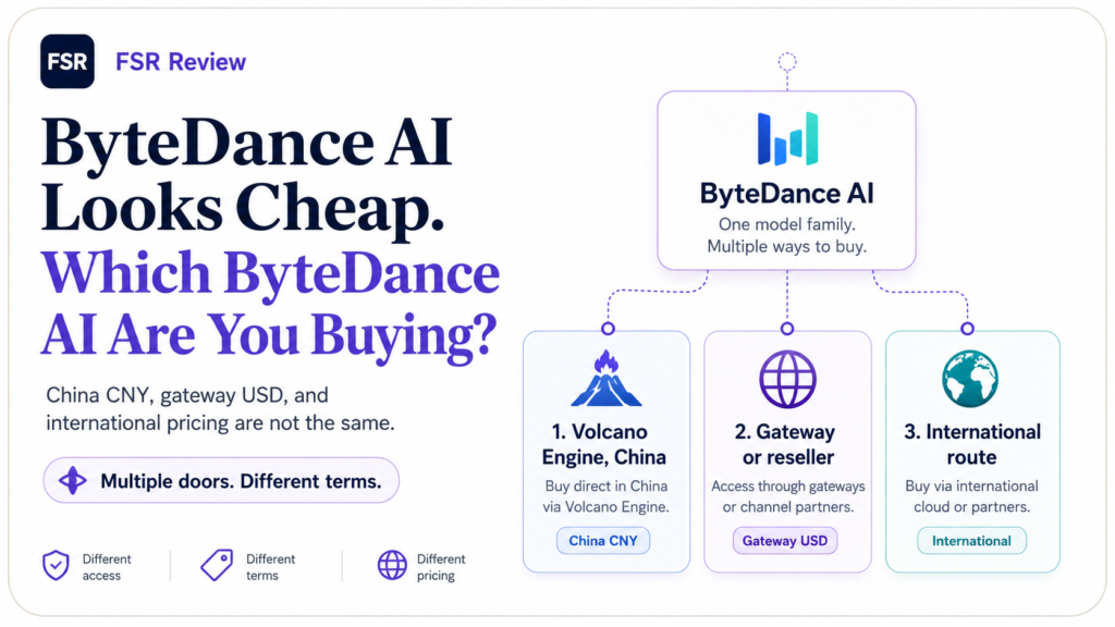 FSR Review infographic, ByteDance AI Looks Cheap, Which ByteDance AI Are You Buying. China CNY, gateway USD, and international pricing are not the same. A ByteDance AI node branches into three buying routes: Volcano Engine in China, billed in China CNY; gateway or reseller access, billed in gateway USD; and an international route through international cloud or partners. Labels read different access, different terms, different pricing.