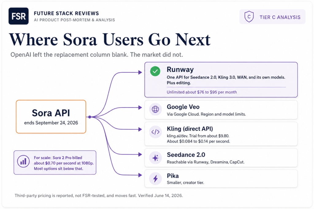 Future Stack Reviews migration map, Where Sora Users Go Next: the Sora API ends September 24, 2026, with Sora alternatives including Runway, Google Veo, Kling, Seedance 2.0, and Pika, most of them cheaper than Sora.