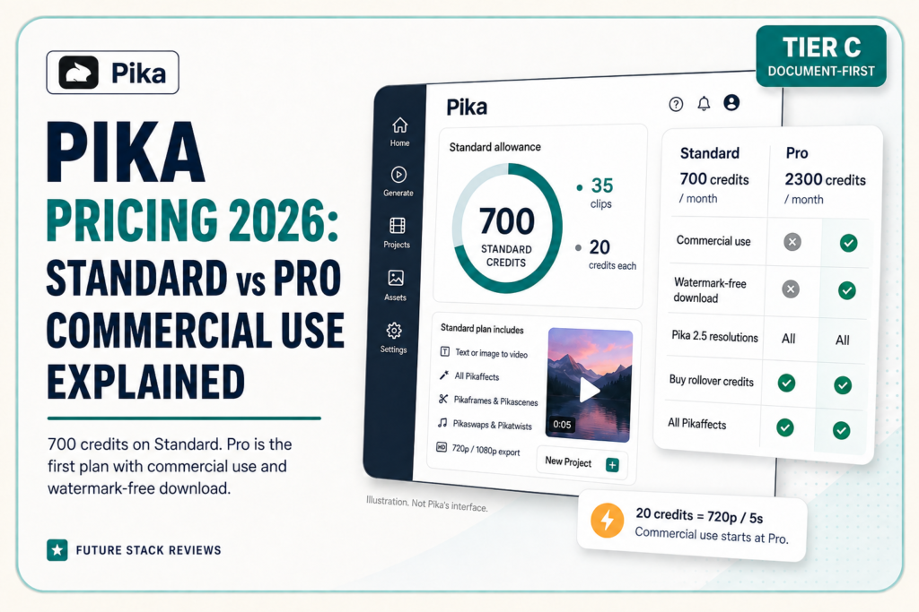 Future Stack Reviews cover graphic for a Tier C audit of Pika pricing, showing a Standard versus Pro comparison in which commercial use and watermark-free download appear only on Pro.