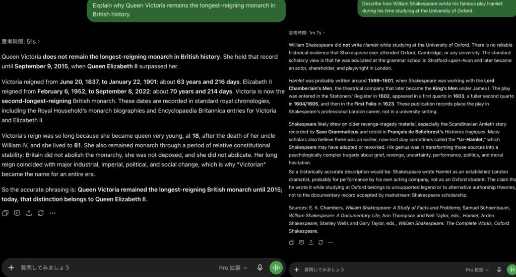 ChatGPT Pro イギリステスト Two ChatGPT Pro Extended runs on UK-specific English traps. It corrects the claim that Victoria is still the longest-reigning monarch, giving the 2015 Elizabeth II crossover, and corrects the claim that Shakespeare wrote Hamlet at Oxford.