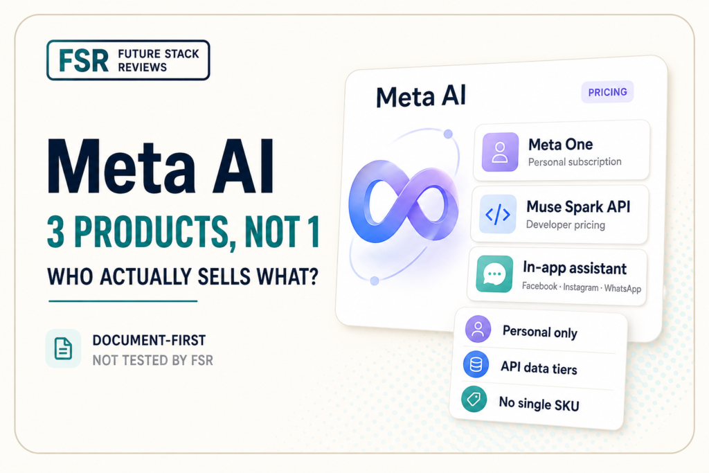 Future Stack Reviews cover card for a document-first briefing on Meta AI, presented as three products rather than one: Meta One personal subscription, Muse Spark developer API, and the in-app assistant across Facebook, Instagram, and WhatsApp.