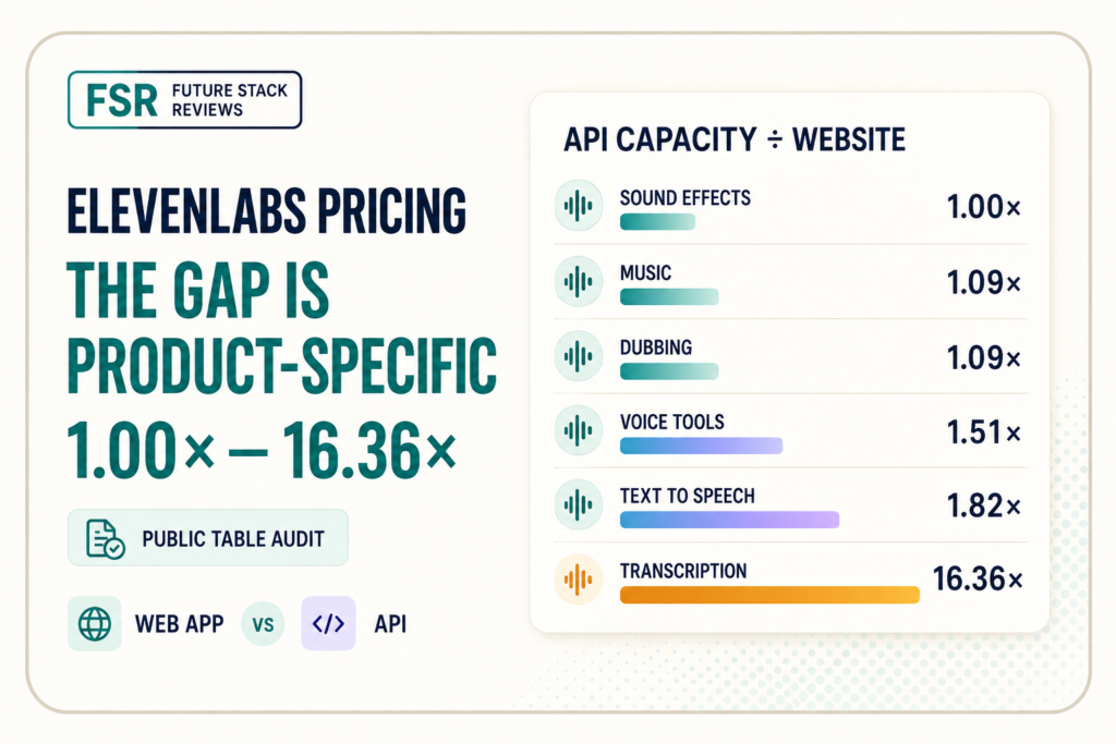 Future Stack Reviews graphic comparing ElevenLabs Creator plan API capacity with website capacity across six products: Sound Effects 1.00×, Music 1.09×, Dubbing 1.09×, Voice Tools 1.51×, Text to Speech 1.82×, and Transcription 16.36×.