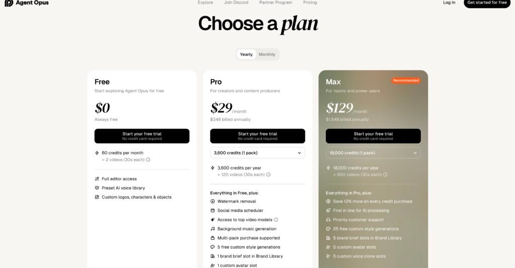 Agent Opus pricing page with the annual toggle on, showing Free at  alt=