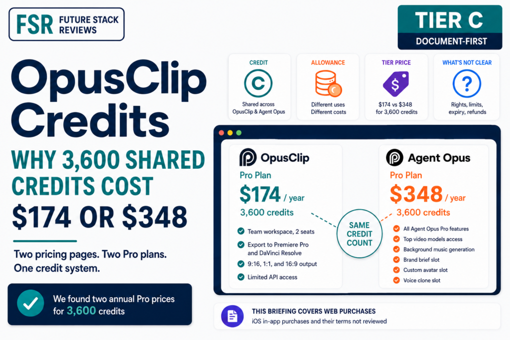 Future Stack Reviews Tier C briefing graphic comparing two annual Pro plans from Opusclip Inc.: OpusClip Pro at $174 a year and Agent Opus Pro at $348 a year, both listing 3,600 credits, with different feature bundles on each side
