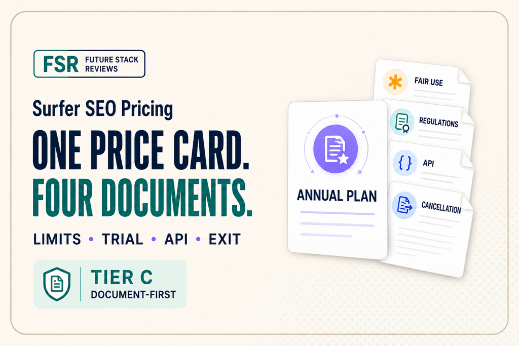 Surfer SEO pricing title card from Future Stack Reviews: one price card beside four documents labeled fair use, regulations, API, and cancellation.