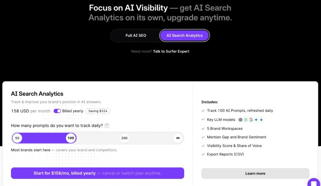 Surfer AI Search Analytics sold standalone at 158 USD per month billed yearly, with a slider for 50, 100, 200, or unlimited daily prompts.