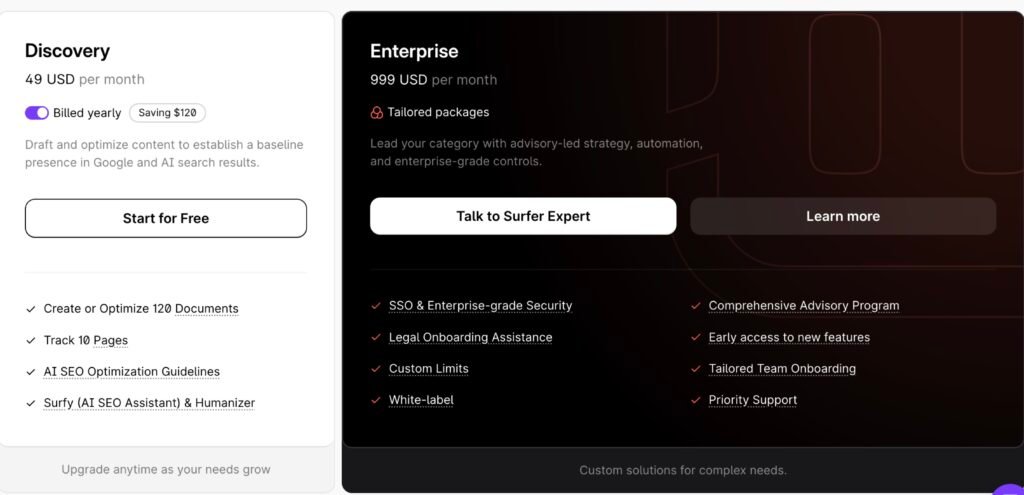 Surfer SEO pricing page showing the Discovery plan at 49 USD per month with 120 documents, and the Enterprise plan at 999 USD per month with tailored packages.