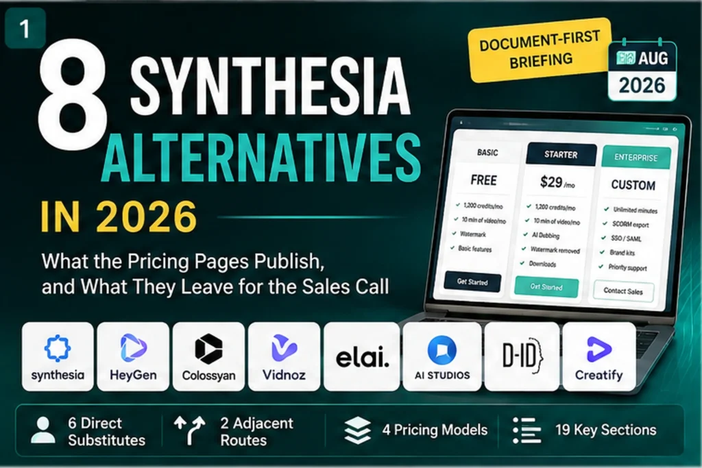 Featured graphic for eight Synthesia alternatives in 2026, showing vendor logos, a pricing-plan screen, and the distinction between six direct substitutes and two adjacent routes.