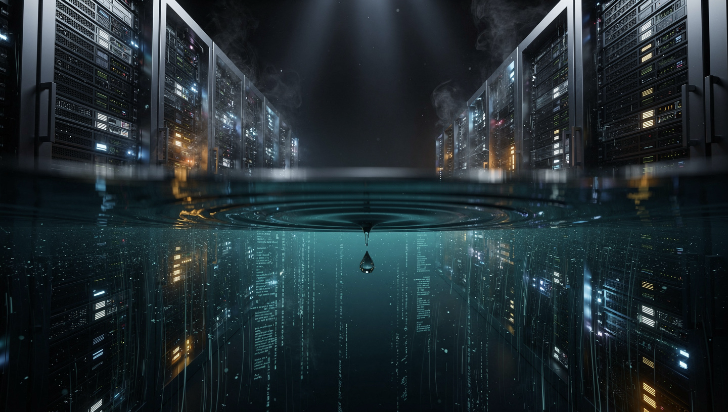 AI data center servers submerged in water — illustrating the hidden water consumption of AI infrastructure