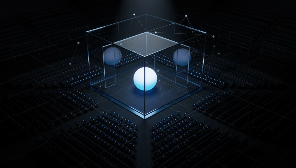 Glowing orb trapped inside glass enclosure representing Meta AI walled garden