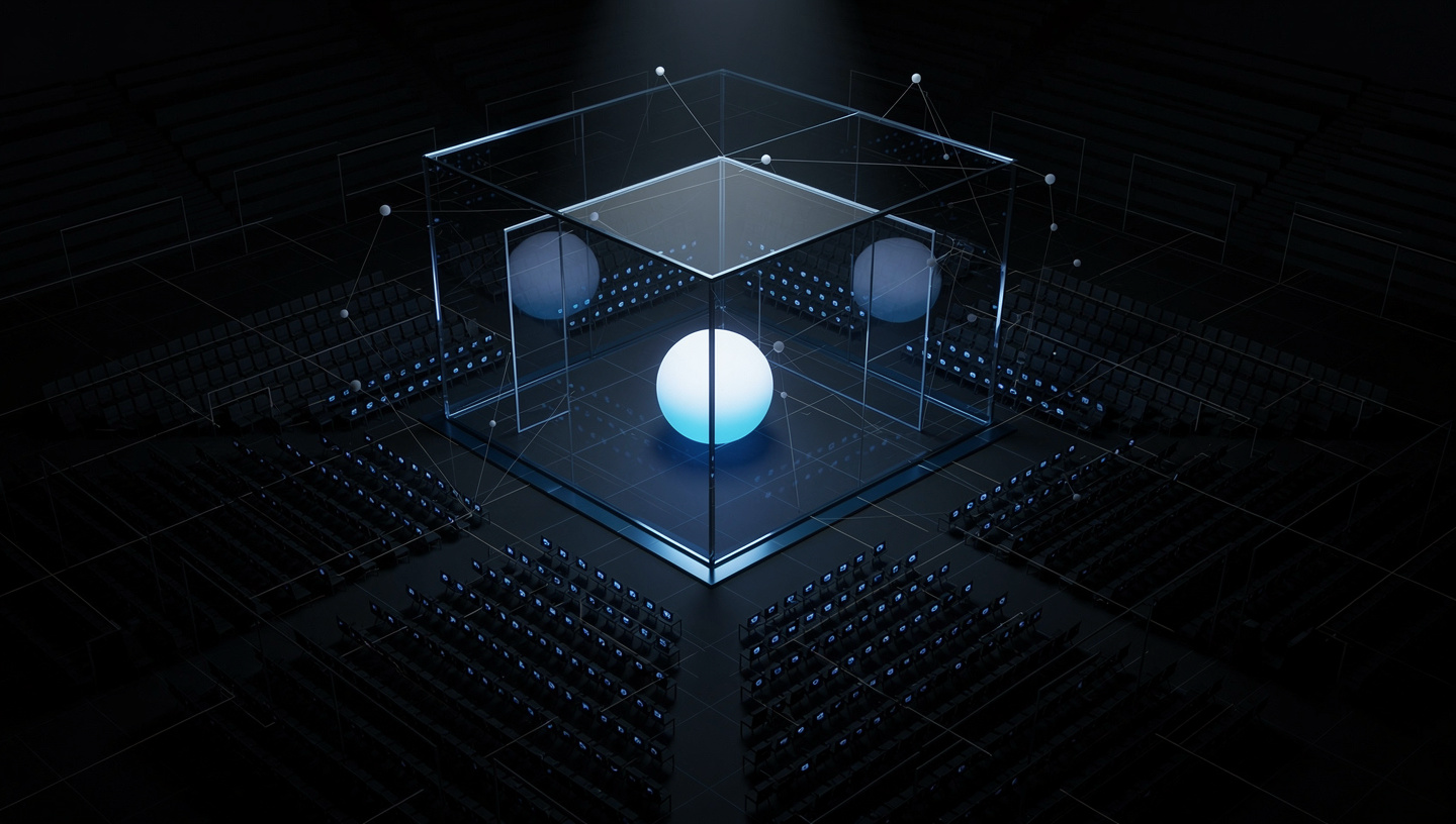 Glowing orb trapped inside glass enclosure representing Meta AI walled garden