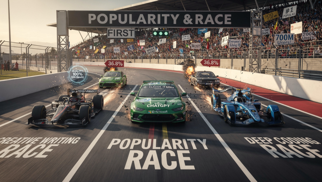 ChatGPT review featured image showing the contrast between popularity and quality in AI tools - a visual metaphor for the popularity race in the 2026 AI market
