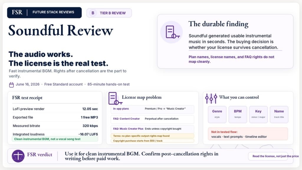 FSR Tier B review summary card for Soundful, June 16, 2026: 85-minute hands-on test on a free Standard account. Verdict line "The audio works. The license is the real test." Test receipt: 12.05-second LoFi preview render, 1 free MP3 export, 320 kbps measured bitrate, -16.07 LUFS integrated loudness. License map: in-app plans Premium and Pro link to "Music Creator," the FAQ splits Content Creator (perpetual) from Music Creator Plus (monetization ends unless copyright bought from $50 per track), and the Terms contain no plan-specific output rights. Control set: genre, BPM, key, track name. Vocals, text prompts, and timeline editing were not in the tested flow. FSR verdict: use Soundful for clean instrumental BGM and confirm post-cancellation rights in writing before paid work.