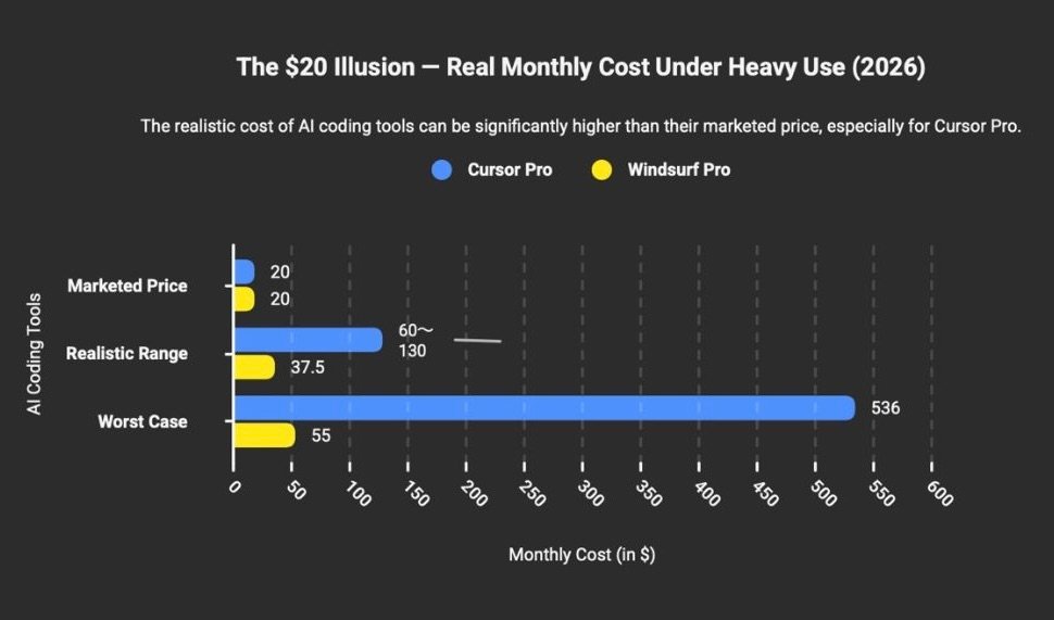 Horizontal bar chart comparing Cursor Pro and Windsurf Pro real monthly costs showing marketed price of 20 dollars for both tools, realistic range of 60 to 130 dollars for Cursor versus 37.50 dollars for Windsurf, and worst case of 536 dollars for Cursor versus 55 dollars for Windsurf