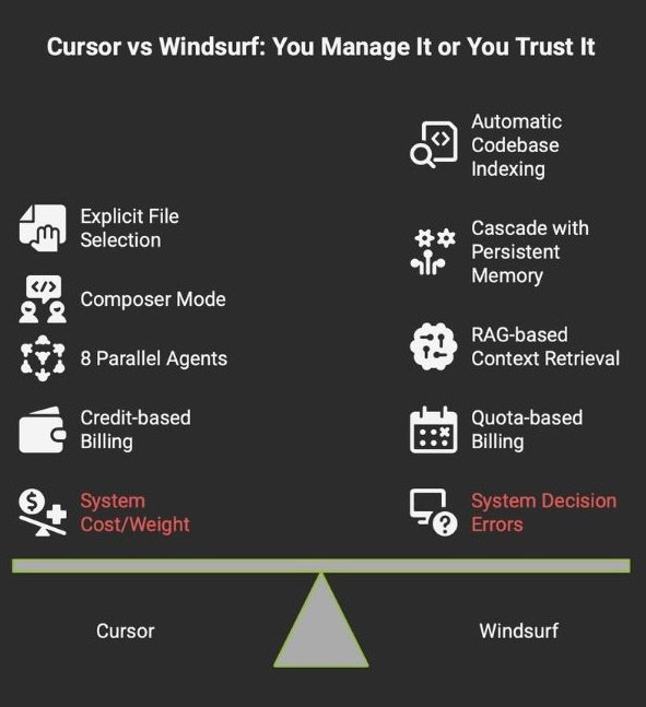Cursor vs Windsurf design philosophy comparison showing Cursor features including explicit file selection, Composer mode, 8 parallel agents, and credit-based billing versus Windsurf features including automatic codebase indexing, Cascade with persistent memory, RAG-based context retrieval, and quota-based billing with failure modes highlighted in red
