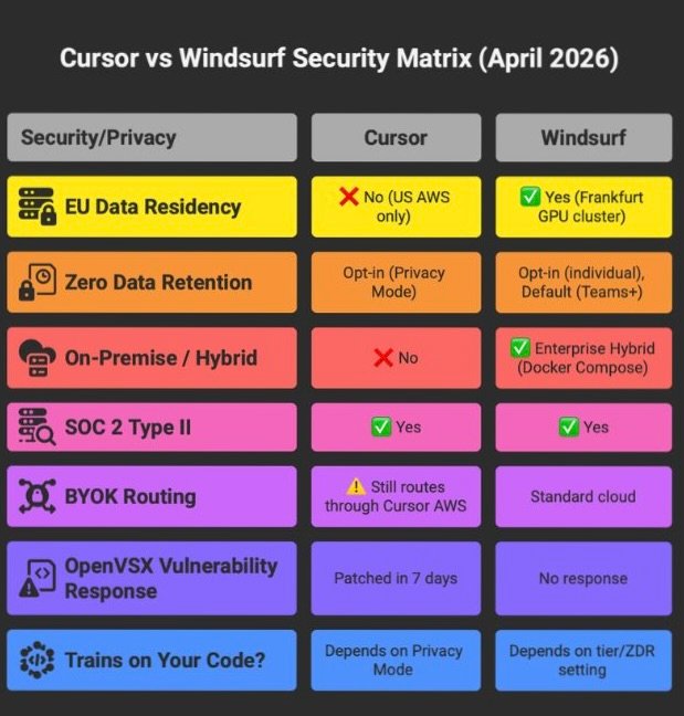Cursor vs Windsurf security and privacy matrix comparing EU data residency, zero data retention, on-premise deployment, SOC 2 certification, BYOK routing, OpenVSX vulnerability response, and code training policies as of April 2026