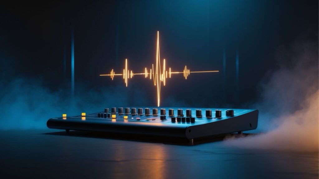 Soundful AI music generator review — audio waveform visualization on dark studio background
