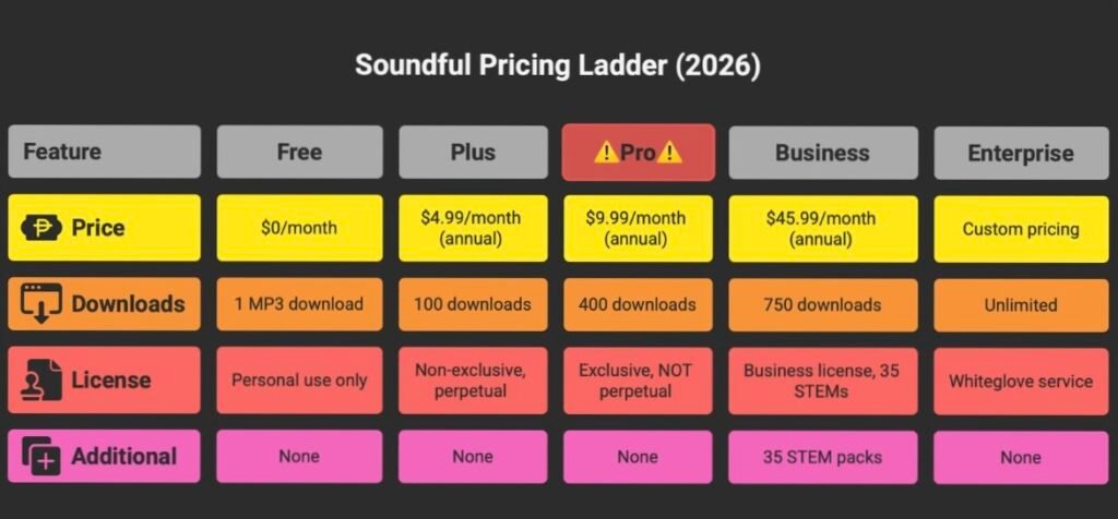 20260412-6 - Soundful pricing comparison table showing five plans from Free ( alt=