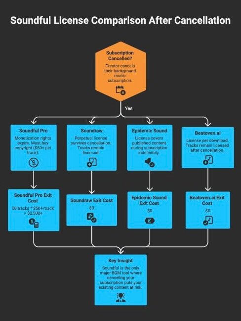 20260412-7 - Flowchart comparing what happens when you cancel Soundful Pro versus Soundraw, Epidemic Sound, and Beatoven.ai — Soundful is the only tool where cancellation costs