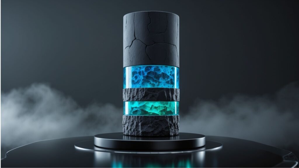 Futuristic stacked lava-lamp device with glowing blue liquid segments on a metallic pedestal, surrounded by fog at nightfall.