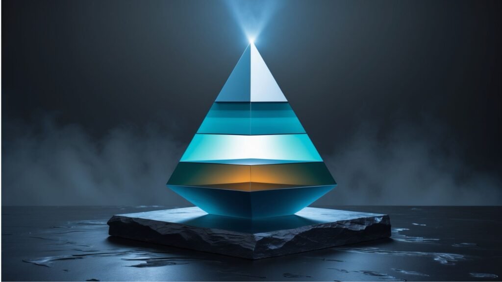 Illuminated glass pyramid sculpture with stacked blue layers on a rock, misty blue background.