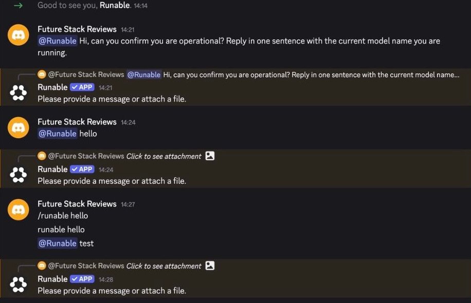 Discord channel screenshot showing five failed Runable bot @mention attempts. The bot responded to each invocation format with a generic "Please provide a message or attach a file" error message instead of executing the requested task.
