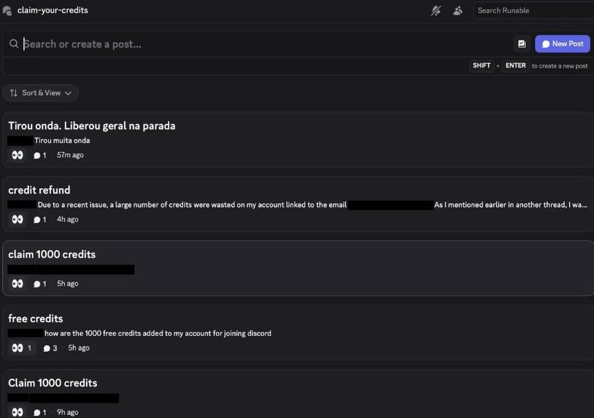 Screenshot of Runable's #claim-your-credits Discord channel showing multiple user posts with email addresses and usernames blacked out. The channel structure rewards new users with 1,000 free credits in exchange for posting their email address publicly to all server members.