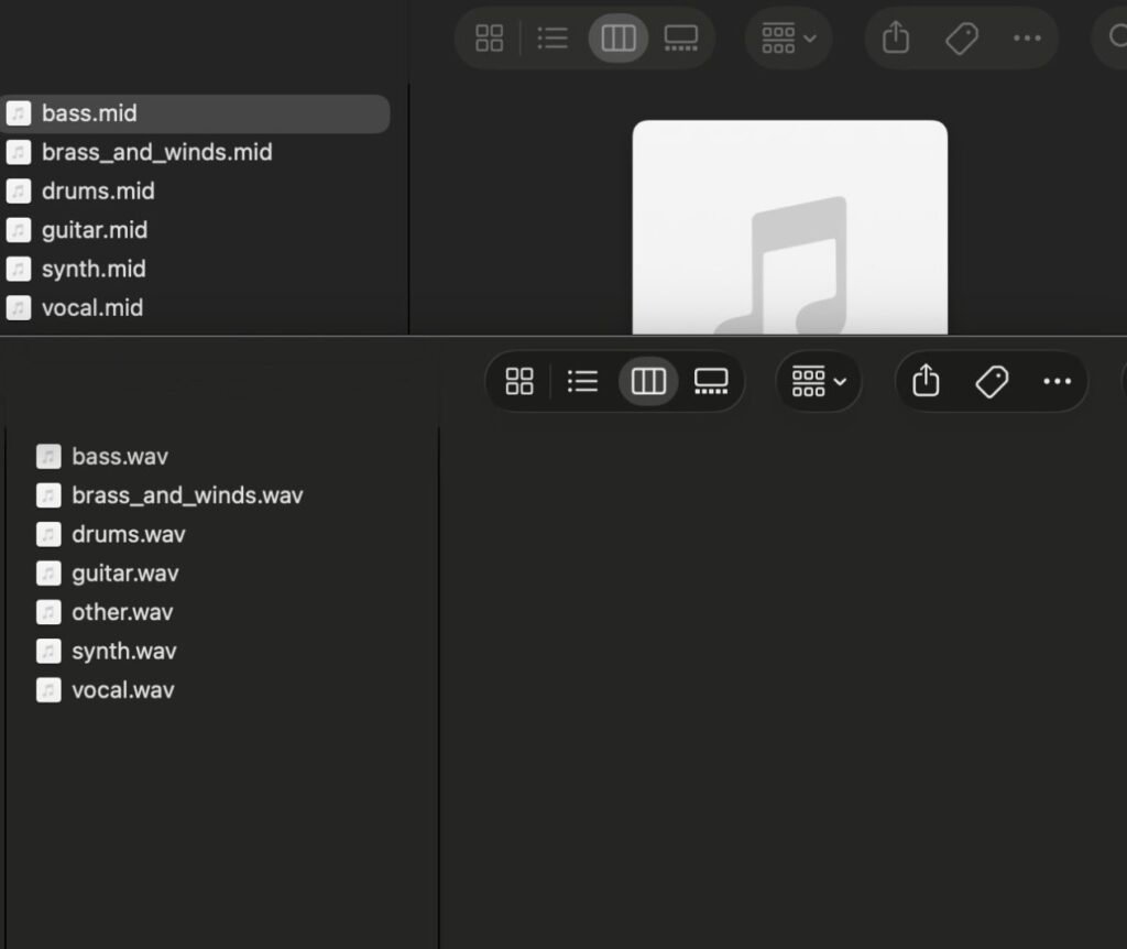 20260605 Mureka AI MD Two file lists of extracted Mureka stems. MIDI files: bass, brass and winds, drums, guitar, synth, vocal. WAV files: bass, brass and winds, drums, guitar, other, synth, vocal.