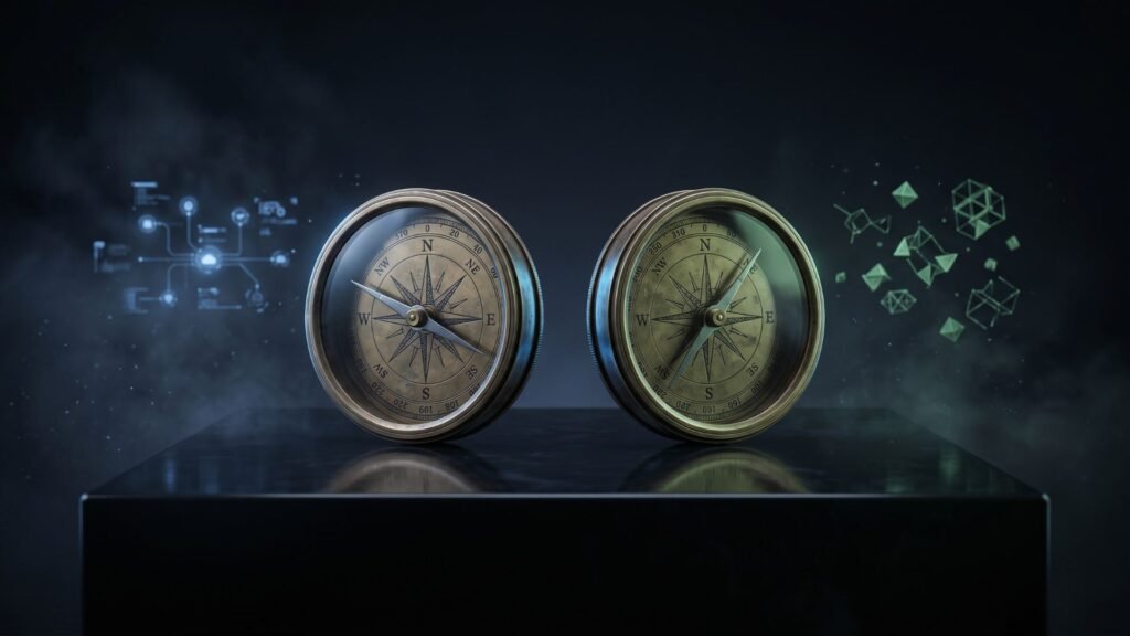 Canva vs Adobe Express comparison featured image with two compass pieces on dark background, Future Stack Reviews 2026