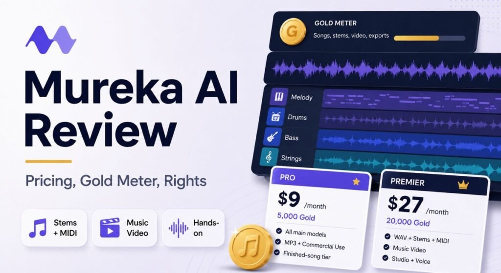 Mureka AI Review cover graphic showing Pro at $9 a month with 5,000 Gold and Premier at $27 with 20,000 Gold, plus a Gold meter and stems, MIDI, and music video features.