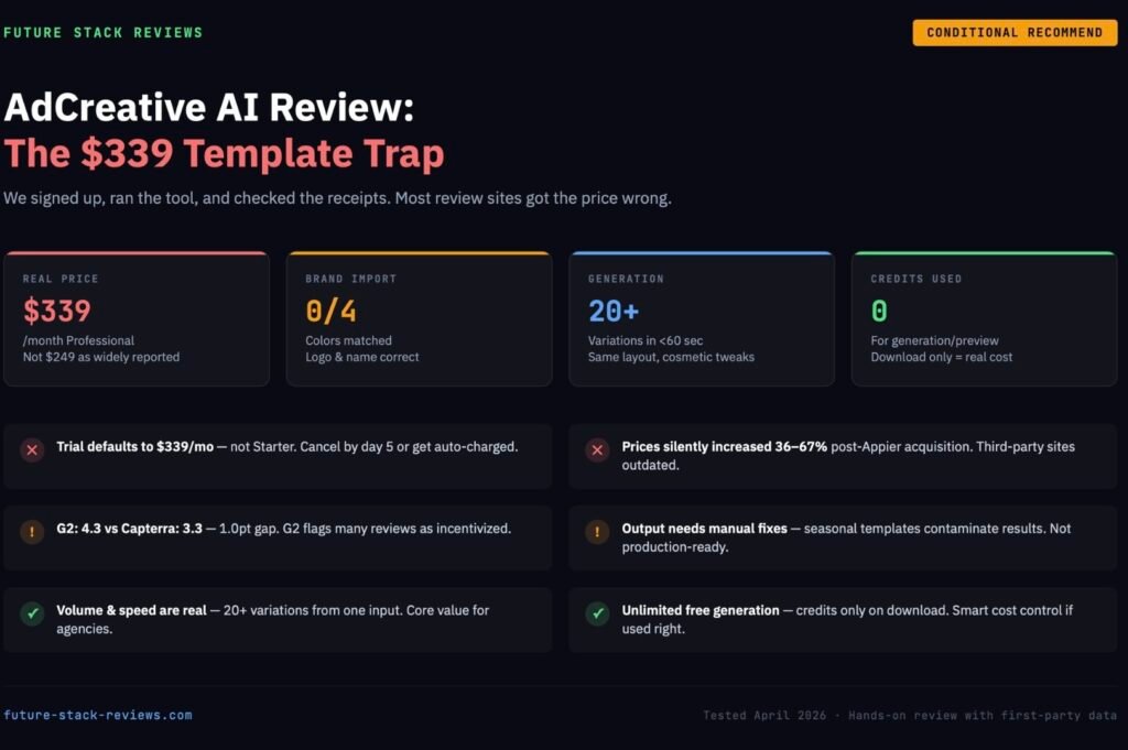 AdCreative AI review summary showing actual pricing of 9/month versus widely reported 9, brand import test results scoring 0 out of 4 colors correct, and key findings from hands-on testing in April 2026