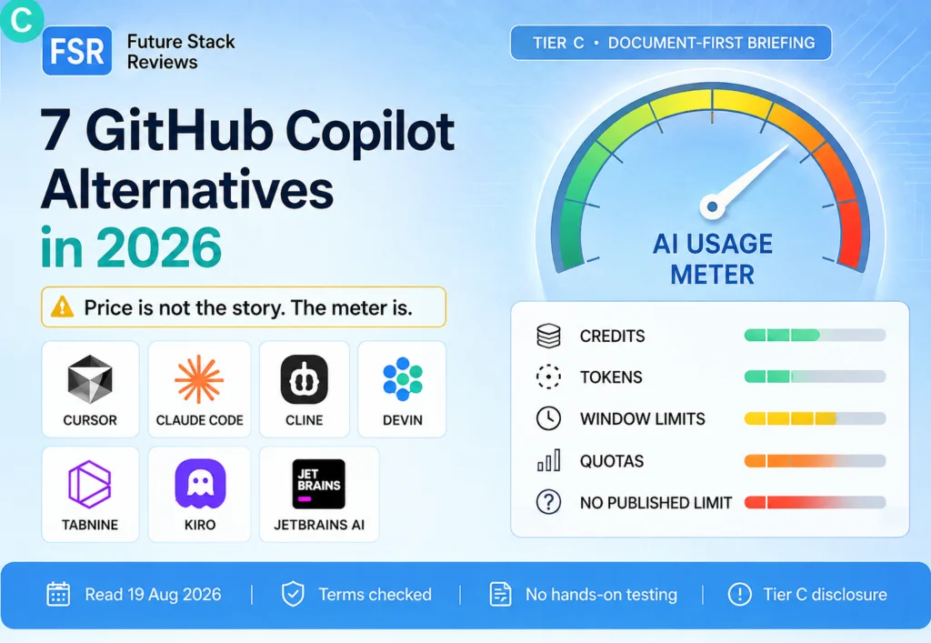 Seven GitHub Copilot alternatives in 2026 shown beside an AI usage meter for credits, tokens, quotas, and usage limits.