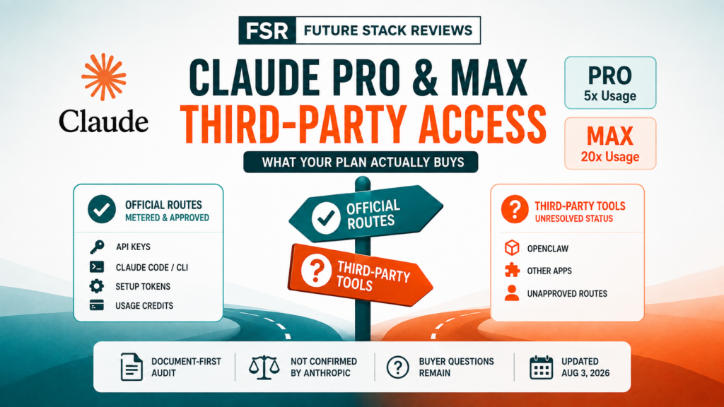 Future Stack Reviews briefing image comparing Claude Pro and Max official access routes with third-party routes of unresolved status