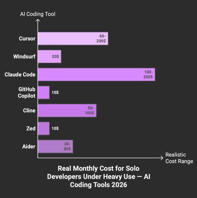 Cursor 3 - Real monthly cost comparison for solo developers under heavy use showing Cursor at 60 to 200 dollars versus GitHub Copilot at 10 dollars across seven AI coding tools in 2026
