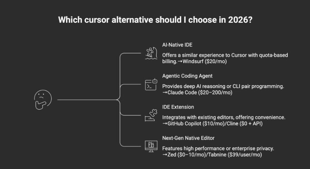 Cursor 4 - Four categories of Cursor alternatives in 2026 including AI-native IDE agentic coding agent IDE extension and next-gen native editor with tool names and pricing