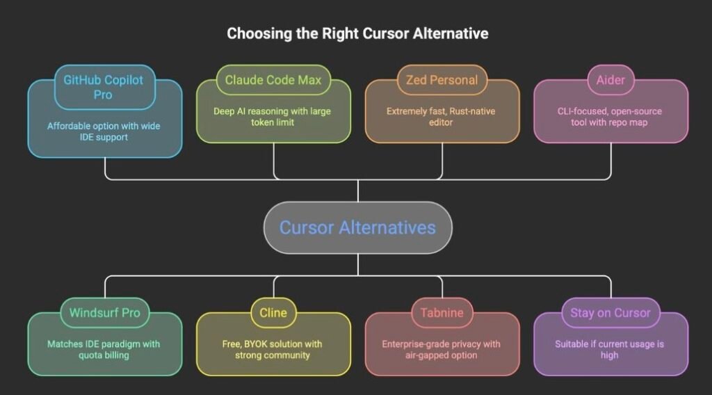 Cursor 5 - Decision framework for choosing the right Cursor alternative in 2026 showing eight options including Windsurf Cline Claude Code GitHub Copilot Zed Tabnine Aider and stay on Cursor