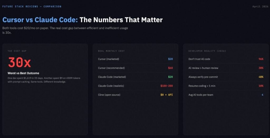Cursor vs Claude Code cost comparison - Cursor vs Claude Code cost comparison showing 30x gap between efficient and inefficient usage, real monthly costs from marketed to 0-200 realistic, and 2026 developer trust data
