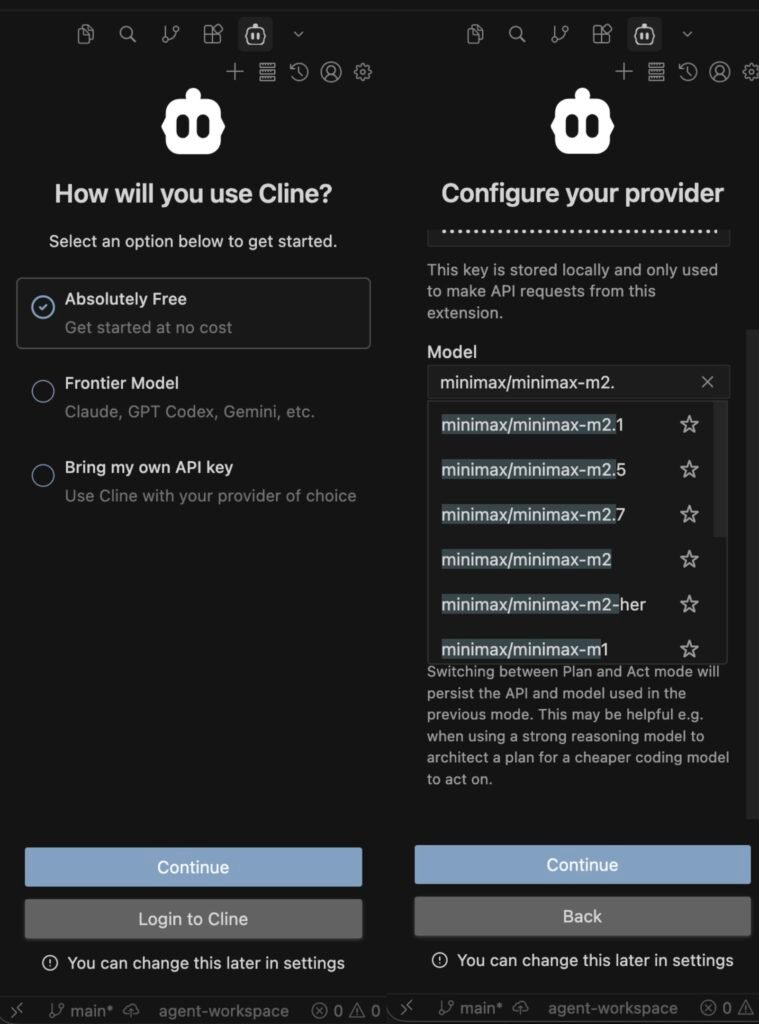 openrouter-minimax-m2-7-providers-pricing-spread.png Cline setup in VS Code: an onboarding step asking how you will use Cline (Absolutely Free, Frontier Model, or Bring my own API key) and a provider configuration step with the model dropdown open, listing MiniMax options including minimax/minimax-m2.7, selected through an OpenRouter API key.