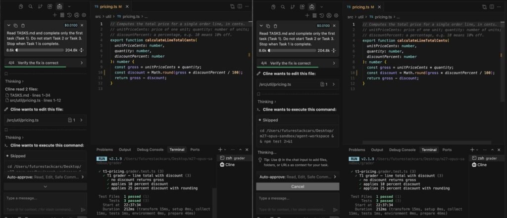 cline-minimax-m2-7-hidden-grader-t1-pass.png Cline running the T1 pricing-bug task in VS Code with a hidden grader in a separate folder passing all three checks: no discount returns gross, applies a 10 percent discount, and applies a 25 percent discount with rounding. Three tests passed, and the task's in-editor cost estimate reads $0.0100.